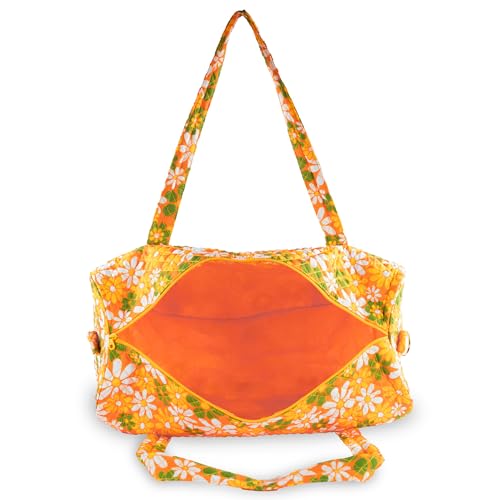 ban.do Quilted Cotton Duffel Bag for Women, Large Carry On Travel Weekend Bag Bundle with Diamond Quilted Wristlet Keychain with Gold Hardware and Keyring, Retro Floral4