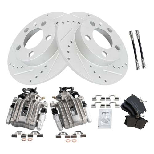 Image of TRQ Performance Rear Brake Pad and Rotor Set Ceramic Slotted Drilled Coated Rotors Calipers Compatible with 2007-2010 Volkswagen Beetle 1999 Golf