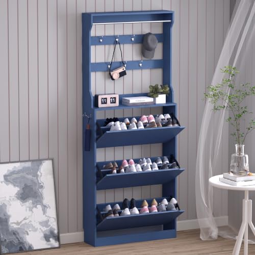Image of BORNOON Shoe Cabinet with 3 Flip Drawers & Coat Rack, Narrow Hidden Shoe Storage Cabinet, 2-in-1 Hall Tree Slim Freestanding Shoe Rack Organizer for Entryway, Hallway, and Living Room