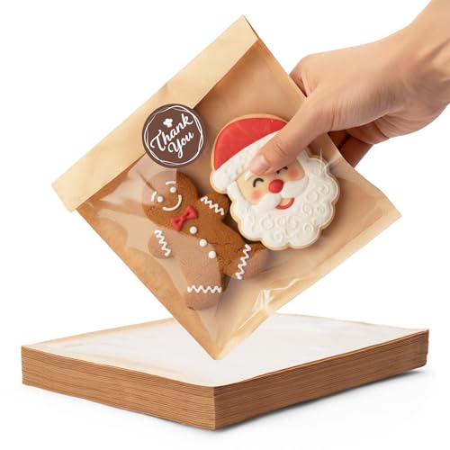 Bake Choice 100PCS Cookie Bags with Seal, 5.7x6.5 Inch Individual Cookie Packaging Bags for Gift Giving, Heat Sealable & Grease Proof Bakery Bag with Window, Baked Goods Packaging