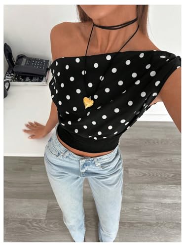 GORGLITTER Women's Polka Dots One Shoulder Y2k Crop Tops Asymmetrical Neck Short Sleeve T Shirt2