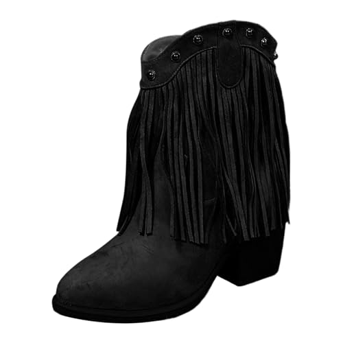 Botines versátiles de estilo occidental con flecos y punta puntiaguda para botas de moda de talla grande, Negro , 37 EU