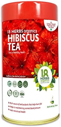 18 Herbs Organics Health With Herbs Hibiscus Tea (40 Tea Bags - 54 grams - Tin caddy - Pack of 1) Caffeine Free Tea With Herbal Infusion | Chemical Free Unique Round Tea Bags For a Healthy Heart