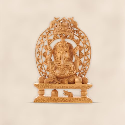 Image of Wooden Ganesh Idol /Handcraft Floral Arch Design Ganesh Murti /Wooden Ganesha Statue for Home Decor /Ganpati Murti for Home Temple, Pooja Room, Office & Festive Gifting (11.81 Inch)
