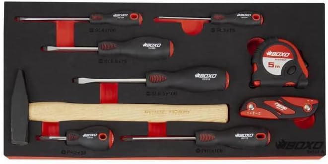 Tray of screwdrivers, hammer, and tape measure from BOXO USA MotoBox