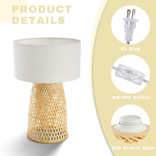 Image of Boho Bamboo Table Lamp, Handwoven Bedside Lamp with Linen Shade, Small Natural Weave Nightstand Light for Living Room, Tea Room, Desk,White