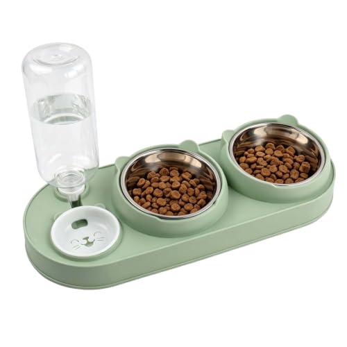 3 in 1 Ciotole per Gatti Rialzate Set con Dispenser Acqua Automatico da 500ml e Ciotola Inclinata a 15°, Supporto Stabile Antiscivolo per Cibo e Acqua per Gatti e Cani di Piccola Taglia (Verde)