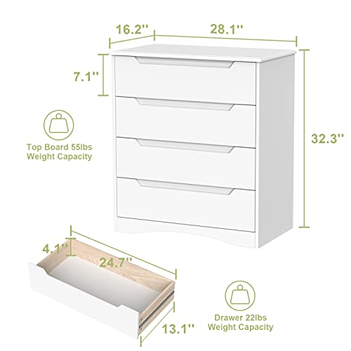 Gizoon 4 Drawers Chest, White Bedroom Drawer Dresser And Organizer With Large Storage Capacity, Embedded Handle, And Sturdy Anti-Tripping Device, Modern Design Cabinet For Hallway, Office, Living Room #TOP2