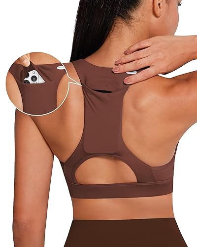 Image of QUEENIEKE BareFlow Women's Sports Bras with Phone Pocket Medium Impact Padded Racerback Workout Gym Crop Top Running Yoga Bra