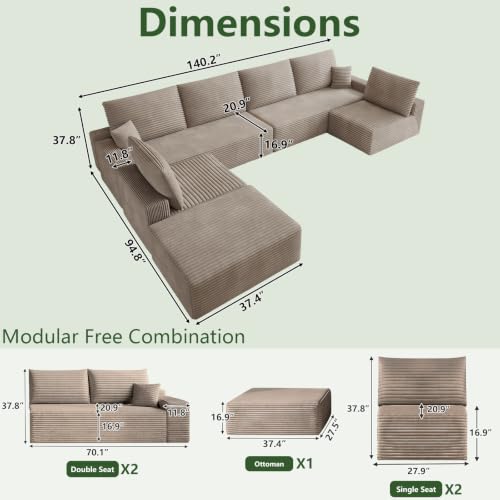 Image of Oversized Modular Sectional Sofa Couch, Large 7 Seater Corner Sofa Modern U Shaped Sectional Couch with Ottoman Cloud Couches for Living Room, Office, Spacious Space, Corduroy, No Assembly, Camel