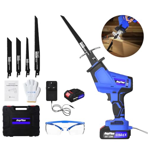 Scie sabre sans fil avec 1 x batterie 1,5Ah et chargeur, scie électrique alternative avec lame de scie sabre 4 pièces, 1900RPM, max. 150 mm profondeur de...