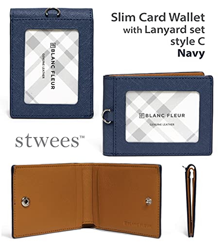 maskfactory Slim Leather Card Wallet, Folding, Snap Button, Lanyard set (style C - Lanyard set, Navy)2