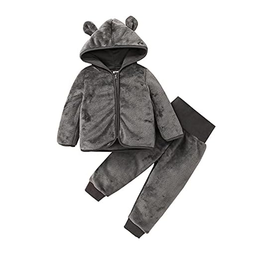 UnoSheng Chándal para bebé, bebé, niño, niña, sólido, con capucha, manga larga, sudadera de forro polar, abrigo, pantalones, conjunto de ropa de invierno, 2 piezas, jersey, gris, 3-6 Meses