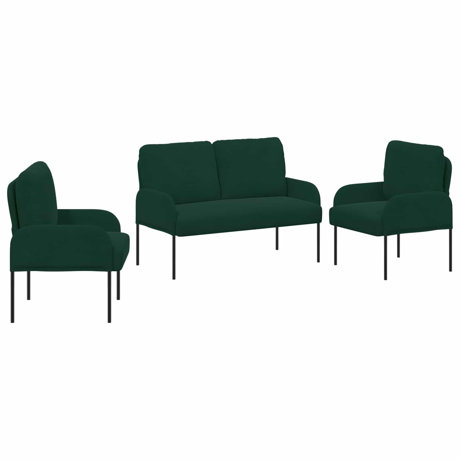 Sofás de 3 piezas verde oscuro de 115x56x80 cm con patas de metal para salón moderno