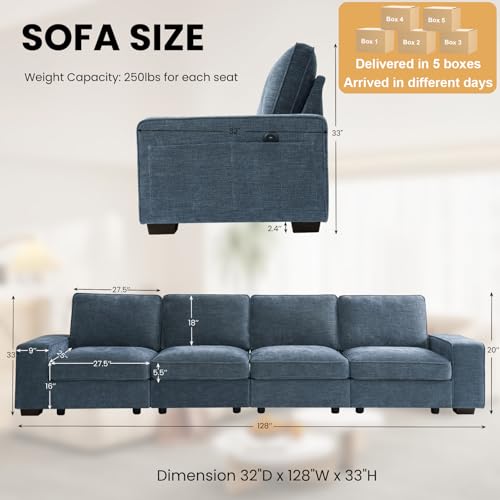 Image of TEKAMON 128 inch Modular Sofa Couch with Seat Storage, Modern Comfy 4-Seater Long Couch for Living Room, Office, Apart, Chenille Sofa, Wide Armrest, USB Charging, Pockets, Washable Covers (Blue)