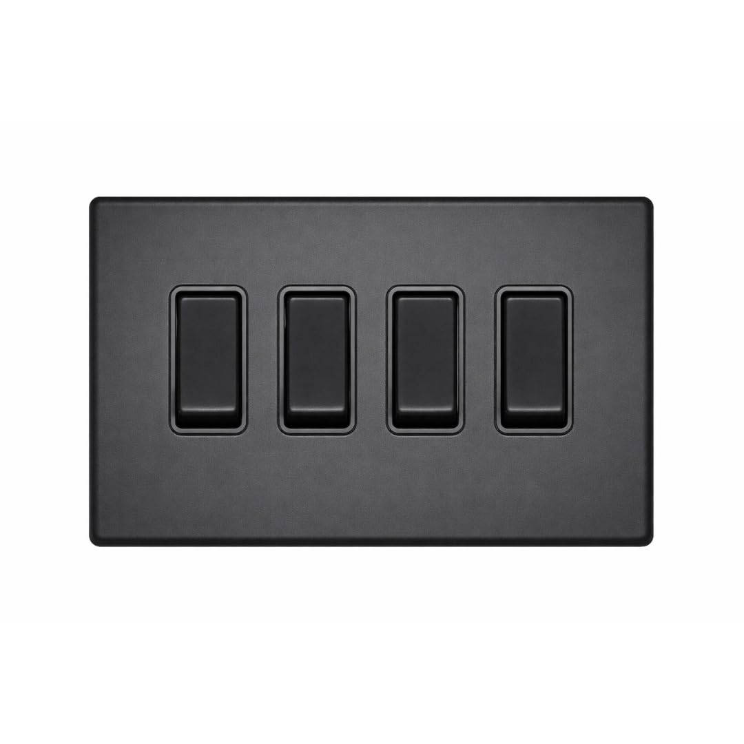 SHPELEC® Matt Black Screwless 4 Gang 10A 2 Way Light Switch with 25mm Surface Pattress Box – Flat Plate Modern Style – UK Standard – Easy Fit — image 1