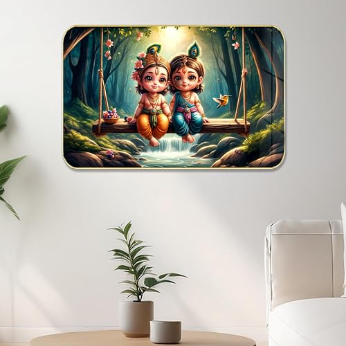 Image of Masstone Radha Krishna Crystal Embedded High Gloss Wall Painting, Golden Slim Frame, 45x30 Cm Wall Art for Living Room, Bedroom, Office & Home Decor (HG05)