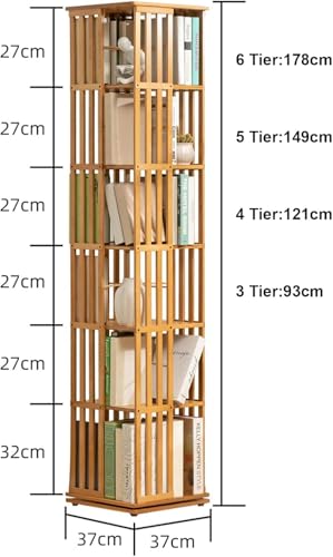 Image of 360 Rotating Bookshelf - Bamboo Storage Display Rack | Open Design Shelving for Living Room, Study Room, Office | Standing Shelves Size - 72'' x 18'' x 18'' Inch