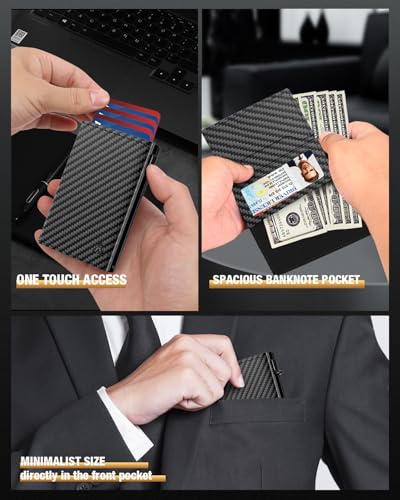 Image of dwnkove Mens Wallet Card Holder - Pop Up Aluminum Case, Flexible Carbon Fiber Leather, Smart Wallet for Men, RFID Blocking, Slim, Minimalist, Front Pocket - 9-14 Card Capacity | ID Window | Cash Slot