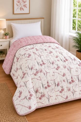 Image of RRC Floral Print Cotton Jaipuri Comforter for Single Bed | White & Green Lightweight AC Rajai | 200 GSM Quilt | Summer Comforter Pack of 1