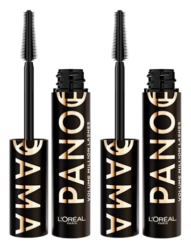 L'Oréal Paris Mascara Panorama All Night Black Farbe Schwarz für Fächerwimpern und größere Augen, langer Halt 24h Formel Ultra Schwarz - 2 Mascara