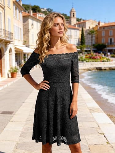 Image of Atnlewhi Womens Vintage Lace Floral Off Shoulder Elegant Swing Dresses A-line Mini Dress for Party Cocktail Wedding