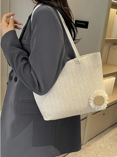 Woven Straw Tote Bag, Beige, Small, Floral Applique Decor, Rope Handle, Vacation Shoulder Bag