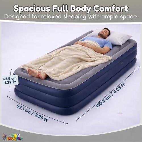 Image of Toy Imagine Fiber-Tech Deluxe Air Mattress Single Bed (39 x 75 x 16.5 Inches) Raised Inflatable Airbed with Built-in Pillow & Electric Pump | Soft Flocked Sleeping Surface