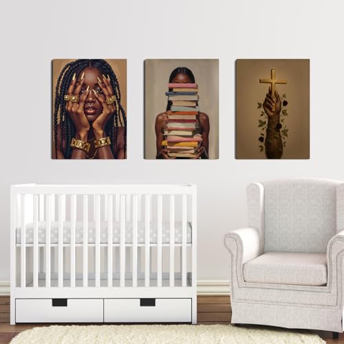 Black Woman Wall Art Canvas Print Set of 3 Framed Poster Picture Modern Artwork Wall Decor African American Artwork Canvas Wall Art 24x16 Inch for Living Room Bedroom Ofﬁce by Beimola - Used condition - Image 2