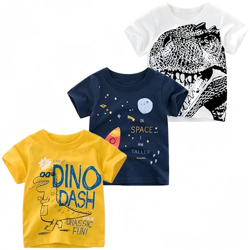 Boys' 3-Pack Dinosaur Short Sleeve Crewneck T-Shirts Top Tee Size 2-6 Years