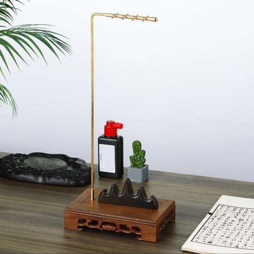 Image of Vintage Wooden Calligraphy Brush Holder - Chinese Brush Hanger Rack for Desktop, Multipurpose Pen Stand, 14.56 X 6.69 X 4.33 Inches