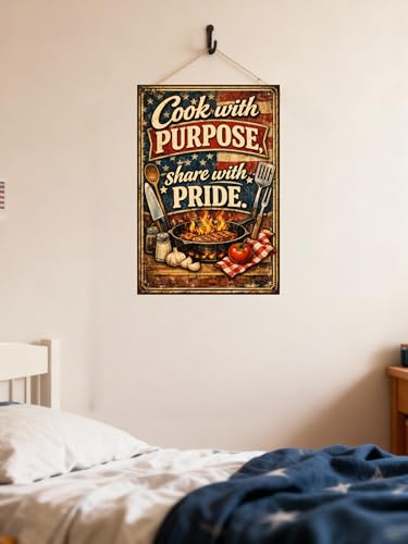 Cook With Purpose Share With Pride Vintage Tin Sign Rustic Kitchen Wall Decor Metal Plaque Patriotic Cooking Art Grill Skillet Utensils Cafe Restaurant 8x12 Inch Pre Drilled Holes — view 2
