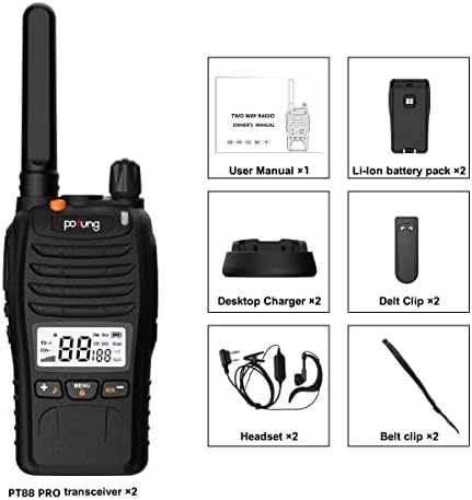 Pofung PT88 PRO Walkie Talkie Professional PMR446 License Free Portable Rechargeable Two Way Radio 16CH with LED Display,Flashing Alarm,TOT,CTCSS/DCS,VOX (2Pcs)