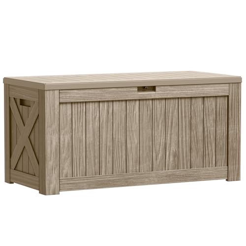 Image of Greesum Outdoor Storage Box 120 Gallon Storage Bin with Lid for Patio Furniture, Garden Tools, Pool Supplies, Lockable, Waterproof and UV Resistant, Coffee