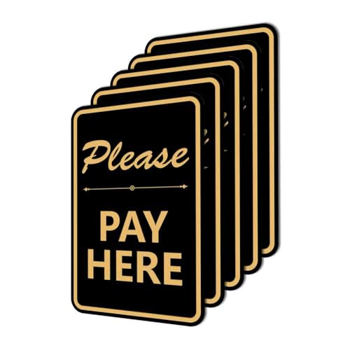 Portrait Round Please Pay Here Sign with Adhesive Tape, Mounts On Any Flat Surface (Black Gold) - X-Large (5 Pack)