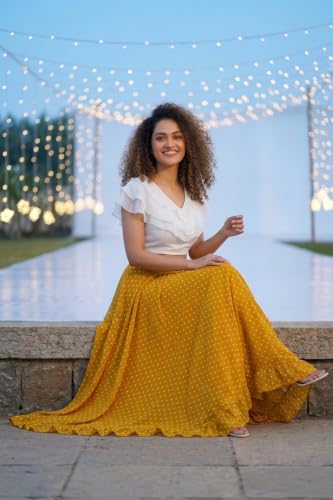 Image of Women's Lycra Top with Georgette Skirt | Polka Dot Print Long Flared Maxi | Full Length Flowy Skirt for Women | Stylish Casual Wear
