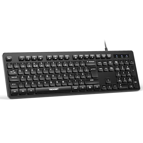 TECKNET Wired USB Keyboard, Full-Size Silent Office Keyboard with Numeric Keypad, Spill-Resistant Design, QWERTY UK Layout, Compatible with PC Laptop Desktop Windows/Mac – Black