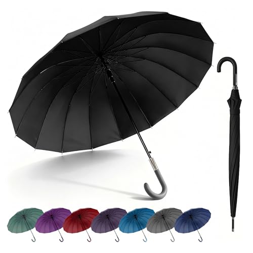SHANN Paragua Largo Clasico Grande Automatico Resistente al Viente, Impermeable, Mango Curvo, Grande y Elegante para Hombre y Mujer