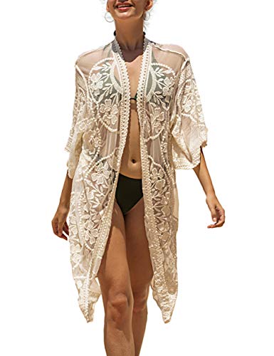 Kistore Womens Beach Cover Up Cardigan Sexy Summer Sheer Open Front Long Lace Black Kimono Cardigan