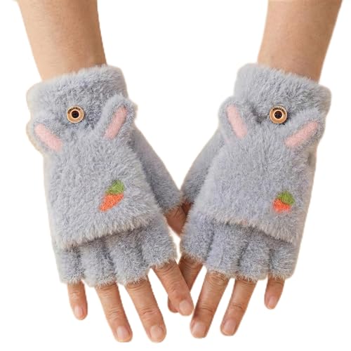 Image of Kraptick Cute Bunny Winter Gloves for Women & Girls - Fluffy Convertible Flip Top Mittens - Warm Fingerless Knitted Woolen Hand Warmer with Button Flap for Typing & Driving (Free Size, Pink)-5