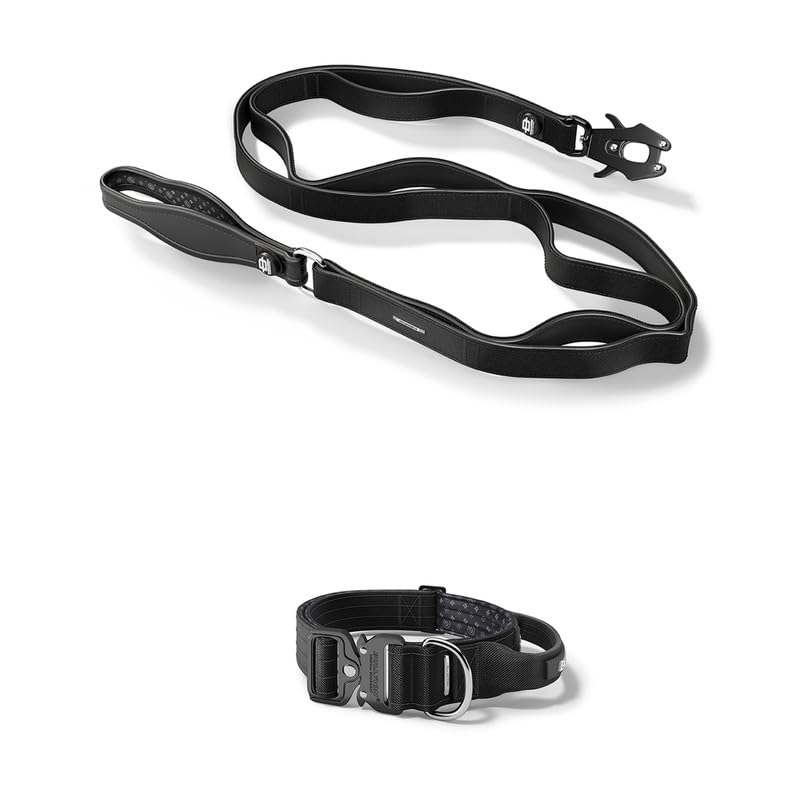 Bullyion ® Original Equipment Progressive Ladder Lead 1.4m & Tactical Dog Collar - Softcell Padding – Lockforce Fastening Buckles – Multiple Handles (WIDTH- 4 cm SIZE- SMALL, CARBON BLACK)