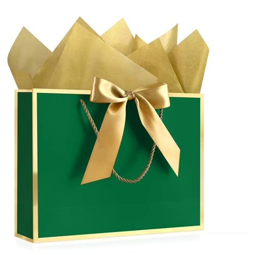 Image of JMANNI Gift Bags with Handles, 13 inch Medium Gift Bags with Tissue Paper | 1 Pcs Green Bags, 2 Tissue Paper and 1 Cards, for Baby Shower, Wedding Bridal Shower, Birthday Party