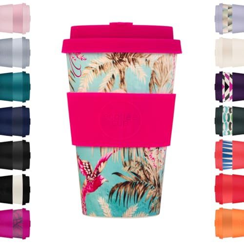 Ecoffee Cup 14oz 400ml Reusable Eco-Friendly 100% Plant Based Coffee Cup with Silicone Lid & Sleeve - Melamine Free & Biodegradable Dishwasher/Microwave Safe Travel Mug (Rancho Aloha)