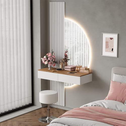 Vicco Tavolo Da Toeletta Bianco/Quercia 100 Cm Con Specchio Led E Sgabello - 7