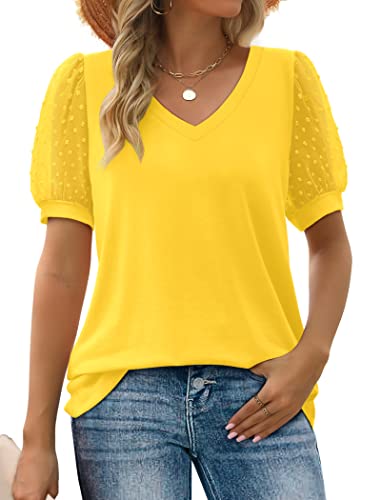 Image of Aokosor Womens Summer Tops V Neck T Shirts Swiss Dot Puff Sleeve Tops Loose Casual Tshirts