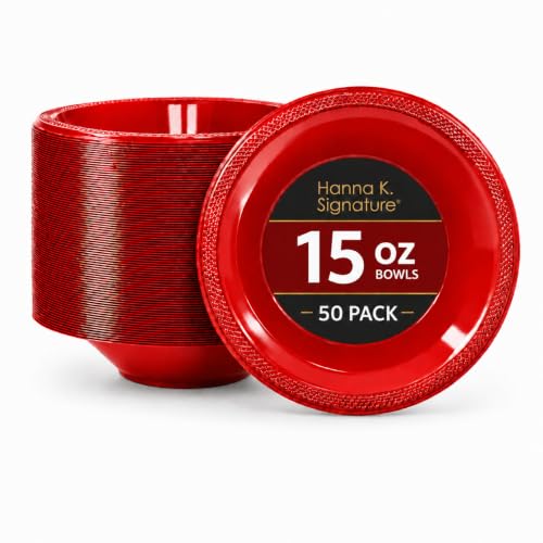 Premium Heavyweight Red Plastic Bowls Disposable - 15 oz and Elegant, (Pack Of 50), Microwavable, Ideal For Soups, Parties, Events & Home Use