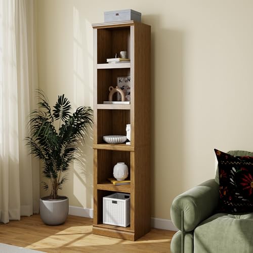 Bevfint 70" Tall Bookcase, Oak Narrow Floor Standing Bookshelf, 5