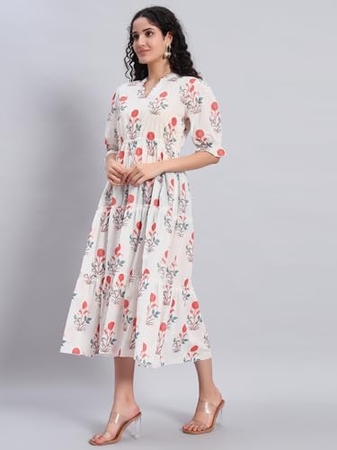 Image of PIDAVLIYA'S Women's Floral Summer Maxi Dress I Cotton Printed I One Piece Bodycon Midi Dress with V-Neck, Puffed Sleeves