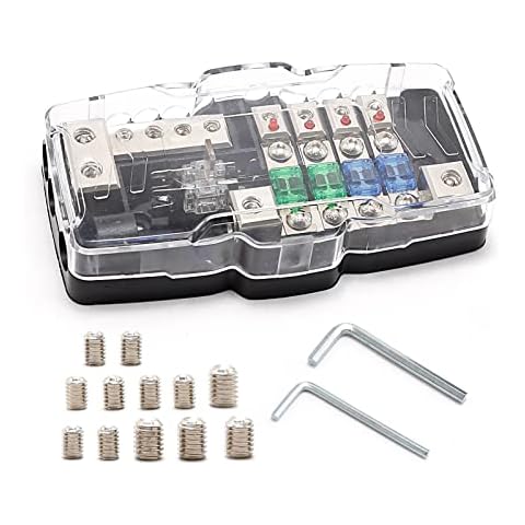 DUZFOREI 0/4GA 4-Way Camper Car Audio Distribution Fuse Block with Ground, Multi-Functional Mini ANL Fuse Box Distribution Block, 30A 60A 80A Fuse Holder with Red LED Light Cover