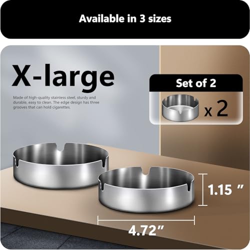 roygra Ash Tray (2 Pack), Outdoor Ashtray for Outside Patio, Stainless Steel Ashtrays for Cigarettes with 3 Holder, Smoking Accessories, Home Décor, Ashtrays for Smokers Indoor - Black, X-Large